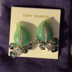Tory Burch Kenneth Lane Leaf Clip On Earrings Green and Silver NWT